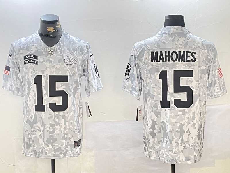 Mens Kansas City Chiefs #15 Patrick Mahomes Arctic Camo 2024 FUSE Salute to Service Limited Stitched Jersey Dzhi